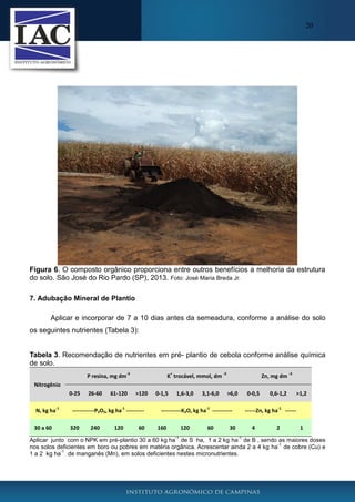 20

Figura 6. O composto orgânico proporciona entre outros benefícios a melhoria da estrutura
do solo. São José do Rio Pardo (SP), 2013. Foto: José Maria Breda Jr.
7. Adubação Mineral de Plantio
Aplicar e incorporar de 7 a 10 dias antes da semeadura, conforme a análise do solo
os seguintes nutrientes (Tabela 3):

Tabela 3. Recomendação de nutrientes em pré- plantio de cebola conforme análise química
de solo.
P resina, mg dm

-3

+

K trocável, mmolc dm

-3

Zn, mg dm

-3

Nitrogênio
0-25
N, kg ha
30 a 60

-1

26-60

61-120

>120

-1

------------P2O5, kg ha ---------320

240

120

60

0-1,5

1,6-3,0

3,1-6,0

>6,0

0-0,5

-1

-----------K2O, kg ha ----------160

120
-1

60

0,6-1,2

------Zn, kg ha

30

4
-1

-1

2

>1,2

-----1

Aplicar junto com o NPK em pré-plantio 30 a 60 kg ha de S ha, 1 a 2 kg ha de B , sendo as maiores doses
-1
nos solos deficientes em boro ou pobres em matéria orgânica. Acrescentar ainda 2 a 4 kg ha de cobre (Cu) e
-1
1 a 2 kg ha de manganês (Mn), em solos deficientes nestes micronutrientes.

 