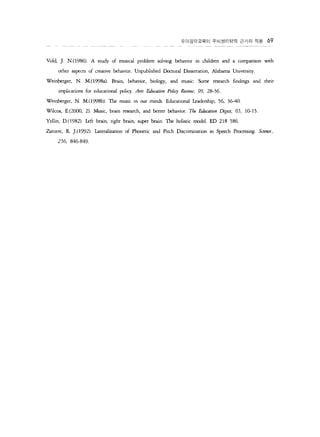 ??????? ?????? ??? ?? 69 
Vold, ]. N.(l986). A study of musical problem solving behavior in children and a comparison with 
other aspects of creative behavior. Unpublished Doctoral Dissertation, Alabarna Universiry 
Weinberger, N. M.(1998a). Brain, behavior, biology, and music: Some research findings and their 
implications for educational policy. Arts iucatio Po/iry Reew 99, 28-36 
Weinberger, N. M.(1998b) le music in our rninds. Educational Leadership, 56, 36-40 
Wilcox, E.(2000, 2). Music, brain research, and better behavior. The @1f1O Digl'.Jt, 65, 10-15. 
Yellin, D.(1982). Left brain, right brain, su?r brain: 1be holistic model. ED 218 586 
Zatorre, R ].(1992). Lateralization of Phonetic ?d Pith Discrirnination in Speech Processing. S 'ence.  
256, 846-849. 
 
