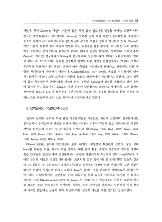 ??????? ?????? ??? ?? 53 
???. ?? Zarorre? ??? ??? ?? ?? ?? ???? ??? ??? ??? ?? 
??? ?????? ????? Zarorre? ??? ?? ?? ??? ????? ???? 
??? ????? ?????? ????? ??? ??? ??? ???? ?? Zarorre? 
?? ??? ??? ?? ??? ??t? ?? ???? ?? ??? ? ??? ?? ??? 
?? ???? ?? ??? ???? ??? ??? ??? ???? ???? ??? ?? 
Zatorre? ??? ????? Sc?aug? ????? ?????? ??? ?????? ?? 
? ?? ? ? ???? ??? ???? ??? ?? ??? ?????? ??? ??? 
???? ???? ????? ??? ?? ??? ????? ???? ???? ?? ? 
?? ????? ???? ????. Galabur?Davis 1997, 107)? ??? ????? ?? 
?  ??? ??? ?? ???? ??? ??? ????? ????? ???. ?? ?? 
? ?? ????? ????? ??? ?? ??? Wernicke? ??? ???? ?? ?? 
? ??? ???? ?? Shlaug? ?? ??? ????? ???? ????. ?? ??? 
???? ??? ?? ? ???? ????? ????? ??? ???? ?? ??? ? 
?? ?? ???? ?? ?? ????? ????? ??? 
2. ????? ?????? ?? 
??? ??? ??? ?? ?? ?????? ???? ??? ???? ?????? 
????? ????? ??? ??? ?? ??? ??? ??? ?? ????? ??? 
??? ???? ??? ? ? ??? ???? ??~Begley 1996; Black, 1997; Bower, 1994; 
Frost, 1998; Green, 1999; Holden, 1998; Jones, & Field, 1999; Lang, 1999; MahIer, 1978; OIhaver, 
1998; Reimer, 1999; Wilcox, 2000). 
OIhaver( 1998)? ??? ????? ?? ???  ???? ???? ???? ?? ?? 
(state)? ??? ?? ??? ?? ??? ?? ?? ?? ??? ???? ??? ??? 
?? ???? ??? ?? ?????? ??? ????? ???? ?? Lang(l 999)? ? 
?? ??? ??? ??? ????? ???? ?? ?? ??? 3???? ??? ?? 
? ? ??? ? ????? ??? ???? ???? ??? ?? ???? ?? ??? 
??? ??? ???? ??? ??? Lang? ??? ?? ???? ????? ??? ? 
? ?? ?????? ???? ?? ???? ?? ??? ???? ??? ? ??? 
??? ?? Hanshumacher(??? ? Je?en ? 2000, 95)? ????? ??? 36?? ?? 
? ??? ?? ????? ???? ??? ?? ???? ???? ???? ?? ?? 
? ??? ???? ??? ?? ??? ?? ??? ??? ?????? ????? 
 