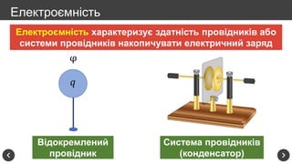 Електроємність
Електроємність характеризує здатність провідників або
системи провідників накопичувати електричний заряд
Ві...