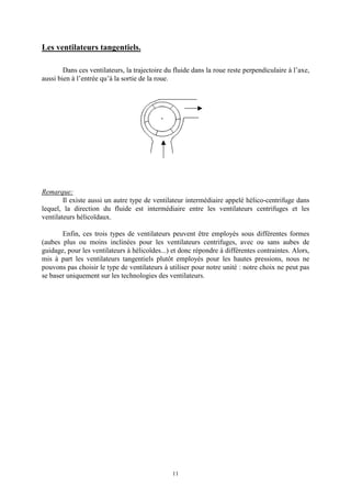 11
Les ventilateurs tangentiels.
Dans ces ventilateurs, la trajectoire du fluide dans la roue reste perpendiculaire à l’axe,
aussi bien à l’entrée qu’à la sortie de la roue.
Remarque:
Il existe aussi un autre type de ventilateur intermédiaire appelé hélico-centrifuge dans
lequel, la direction du fluide est intermédiaire entre les ventilateurs centrifuges et les
ventilateurs hélicoïdaux.
Enfin, ces trois types de ventilateurs peuvent être employés sous différentes formes
(aubes plus ou moins inclinées pour les ventilateurs centrifuges, avec ou sans aubes de
guidage, pour les ventilateurs à hélicoïdes...) et donc répondre à différentes contraintes. Alors,
mis à part les ventilateurs tangentiels plutôt employés pour les hautes pressions, nous ne
pouvons pas choisir le type de ventilateurs à utiliser pour notre unité : notre choix ne peut pas
se baser uniquement sur les technologies des ventilateurs.
 