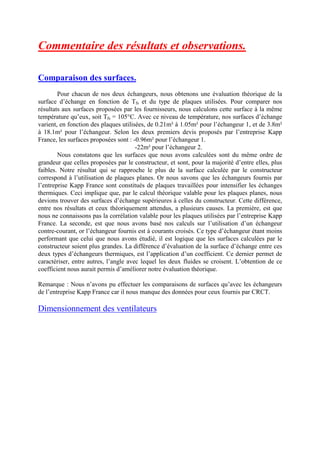 Commentaire des résultats et observations.
Comparaison des surfaces.
Pour chacun de nos deux échangeurs, nous obtenons une évaluation théorique de la
surface d’échange en fonction de Tfs et du type de plaques utilisées. Pour comparer nos
résultats aux surfaces proposées par les fournisseurs, nous calculons cette surface à la même
température qu’eux, soit Tfs = 105°C. Avec ce niveau de température, nos surfaces d’échange
varient, en fonction des plaques utilisées, de 0.21m² à 1.05m² pour l’échangeur 1, et de 3.8m²
à 18.1m² pour l’échangeur. Selon les deux premiers devis proposés par l’entreprise Kapp
France, les surfaces proposées sont : -0.96m² pour l’échangeur 1.
-22m² pour l’échangeur 2.
Nous constatons que les surfaces que nous avons calculées sont du même ordre de
grandeur que celles proposées par le constructeur, et sont, pour la majorité d’entre elles, plus
faibles. Notre résultat qui se rapproche le plus de la surface calculée par le constructeur
correspond à l’utilisation de plaques planes. Or nous savons que les échangeurs fournis par
l’entreprise Kapp France sont constitués de plaques travaillées pour intensifier les échanges
thermiques. Ceci implique que, par le calcul théorique valable pour les plaques planes, nous
devions trouver des surfaces d’échange supérieures à celles du constructeur. Cette différence,
entre nos résultats et ceux théoriquement attendus, a plusieurs causes. La première, est que
nous ne connaissons pas la corrélation valable pour les plaques utilisées par l’entreprise Kapp
France. La seconde, est que nous avons basé nos calculs sur l’utilisation d’un échangeur
contre-courant, or l’échangeur fournis est à courants croisés. Ce type d’échangeur étant moins
performant que celui que nous avons étudié, il est logique que les surfaces calculées par le
constructeur soient plus grandes. La différence d’évaluation de la surface d’échange entre ces
deux types d’échangeurs thermiques, est l’application d’un coefficient. Ce dernier permet de
caractériser, entre autres, l’angle avec lequel les deux fluides se croisent. L’obtention de ce
coefficient nous aurait permis d’améliorer notre évaluation théorique.
Remarque : Nous n’avons pu effectuer les comparaisons de surfaces qu’avec les échangeurs
de l’entreprise Kapp France car il nous manque des données pour ceux fournis par CRCT.
Dimensionnement des ventilateurs
 