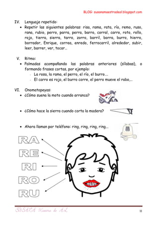 BLOG: susanamaestradeal.blogspot.com


IV. Lenguaje repetido:
   • Repetir las siguientes palabras: risa, rama, rata, río, remo, ruso,
     rana, rubio, perro, parra, perra, barro, corral, carro, roto, rollo,
     rojo, tierra, sierra, tarro, zorro, barril, borra, burro, hierro,
     borrador, Enrique, correa, enredo, ferrocarril, alrededor, subir,
     leer, barrer, ver, tocar…

 V. Ritmo:
   • Palmadas acompañando las palabras anteriores (sílabas),               o
     formando frases cortas, por ejemplo:
        - La rosa, la rama, el perro, el río, el burro….
        - El carro es rojo, el burro corre, el perro mueve el rabo,…

VI. Onomatopeyas:
   • ¿Cómo suena la moto cuando arranca?



   • ¿Cómo hace la sierra cuando corta la madera?



   • Ahora llaman por teléfono: ring, ring, ring, ring...




                                                                           11
 