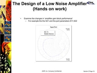 Section 5 Page 16
AWR, Inc. Company Confidential
• Examine the changes in ‘amplifier gain block performance’
– For example the the S21 and the port parameters S11,S22
0
1.0
1.0
-1.0
10.0
10.0
-
1
0
.
0
5.0
5.0
-
5
.
0
2.0
2
.
0
-
2
.
0
3.0
3.0
-
3
.
0
4.0
4.0
-
4
.
0
0.2
0
.
2
-0.2
0.4
0
.
4
-0.4
0.6
0
.
6
-
0
.
6
0.8
0
.
8
-
0
.
8
Input Port
Swp Max
20GHz
Swp Min
0.1GHz
S[1,1]
Stable Device
The Design of a Low Noise Amplifier
(Hands on work)
 