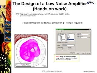 Section 5 Page 18
AWR, Inc. Company Confidential
HINT: Reset the project frequency
range to a few frequencies to reduce
the amount of data visible.
• With the project frequencies unchanged add NF circles and Stability circles.
– (measurement type = Circle)
(To get to this point load Linear Simulation_p17.emp if required)
The Design of a Low Noise Amplifier
(Hands on work)
 