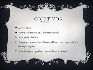 OBJETIVOS
 A corto plazo
 Incluyen la formación en la comprensión oral
 La corrección fonética
 El reconocimiento de los símbolos del habla como signos gráficos
en una página impresa
 La habilidad para reproducir estos símbolos por escrito
 