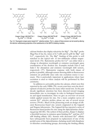 32 Hilderbrand
Fig. 2.8. Fluorogenic oregon green-based Ca2+
selective probes. The K d values of these sensors can be tuned by altering
the electron-withdrawing properties of the substituents on the BAPTA chelating moieties.
calcium binders also display selectivity for Mg2+
. The Mg2+
probe
Mag-Fluo-4 has Kd values of 4.7 mM and 22 ␮M for Mg2+
and
Ca2+
, respectively (6). The Mg2+
binding of this probe is well
matched to the typical sub- to low-millimolar cellular magne-
sium levels (76). Ratiometric probes for Ca2+
can either show a
change in absorption wavelength or emission wavelength upon
coordination of the divalent ion. Examples include Fura-2 and
Indo-1 for absorption and emission wavelength shift sensors,
respectively (77). Ratiometric response with both classes of
probes is possible, although sensors showing shifts in fluorescence
emission are preferable since only one excitation source is nec-
essary. This is particularly important in applications where laser
excitation is used or where analysis will be performed by flow
cytometry.
In addition to activatable probes for calcium, which were first
reported in the early 1980s (78), recent years have seen the devel-
opment of selective probes for many other metal ions. In the past
decade significant attention has been directed toward imaging
intracellular zinc to investigate its roles in biological homeosta-
sis and signal transduction. Here we give an overview of several
widely applied sensors for zinc. For a more complete survey of
current Zn2+
selective probes, please see one of several recent
reviews (79–81). Much of the pioneering work on design of effi-
cient fluorescence-based zinc sensors originated in the Lippard
and Nagano laboratories. The Lippard lab has reported a series of
fluorescein-based probes for zinc using the dipicolylamine chelat-
ing group (82–85). The earliest of these probes, Zinpyr-1 displays
a threefold increase in emission upon binding Zn2+
and has a 0.7
nM binding affinity (82). Sensors with decreased Zn2+
affinity
have subsequently been prepared via replacement of one of the
pyridyl arms of the dipicolylamine chelating motif with thiophene
or thioether coordinating groups, decreasing the binding affinity
 