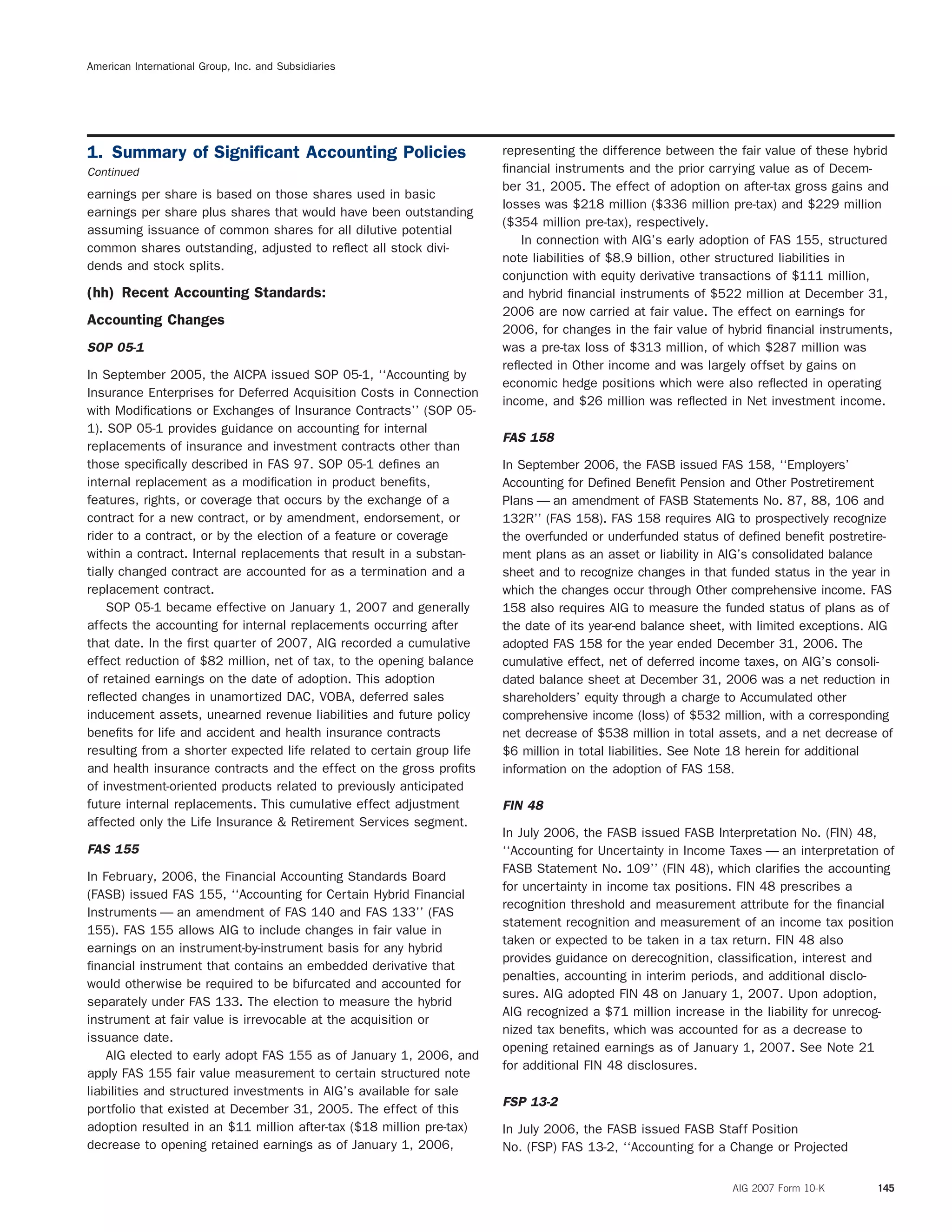 American International Group, Inc. and Subsidiaries
representing the difference between the fair value of these hybrid1. Summary of Signiﬁcant Accounting Policies
ﬁnancial instruments and the prior carrying value as of Decem-Continued
ber 31, 2005. The effect of adoption on after-tax gross gains and
earnings per share is based on those shares used in basic
losses was $218 million ($336 million pre-tax) and $229 million
earnings per share plus shares that would have been outstanding
($354 million pre-tax), respectively.
assuming issuance of common shares for all dilutive potential
In connection with AIG’s early adoption of FAS 155, structured
common shares outstanding, adjusted to reﬂect all stock divi-
note liabilities of $8.9 billion, other structured liabilities in
dends and stock splits.
conjunction with equity derivative transactions of $111 million,
(hh) Recent Accounting Standards: and hybrid ﬁnancial instruments of $522 million at December 31,
2006 are now carried at fair value. The effect on earnings for
Accounting Changes
2006, for changes in the fair value of hybrid ﬁnancial instruments,
was a pre-tax loss of $313 million, of which $287 million wasSOP 05-1
reﬂected in Other income and was largely offset by gains on
In September 2005, the AICPA issued SOP 05-1, ‘‘Accounting by
economic hedge positions which were also reﬂected in operating
Insurance Enterprises for Deferred Acquisition Costs in Connection
income, and $26 million was reﬂected in Net investment income.
with Modiﬁcations or Exchanges of Insurance Contracts’’ (SOP 05-
1). SOP 05-1 provides guidance on accounting for internal
FAS 158
replacements of insurance and investment contracts other than
those speciﬁcally described in FAS 97. SOP 05-1 deﬁnes an In September 2006, the FASB issued FAS 158, ‘‘Employers’
internal replacement as a modiﬁcation in product beneﬁts, Accounting for Defined Benefit Pension and Other Postretirement
features, rights, or coverage that occurs by the exchange of a Plans — an amendment of FASB Statements No. 87, 88, 106 and
contract for a new contract, or by amendment, endorsement, or 132R’’ (FAS 158). FAS 158 requires AIG to prospectively recognize
rider to a contract, or by the election of a feature or coverage the overfunded or underfunded status of defined benefit postretire-
within a contract. Internal replacements that result in a substan- ment plans as an asset or liability in AIG’s consolidated balance
tially changed contract are accounted for as a termination and a sheet and to recognize changes in that funded status in the year in
replacement contract. which the changes occur through Other comprehensive income. FAS
SOP 05-1 became effective on January 1, 2007 and generally 158 also requires AIG to measure the funded status of plans as of
affects the accounting for internal replacements occurring after the date of its year-end balance sheet, with limited exceptions. AIG
that date. In the ﬁrst quarter of 2007, AIG recorded a cumulative adopted FAS 158 for the year ended December 31, 2006. The
effect reduction of $82 million, net of tax, to the opening balance cumulative effect, net of deferred income taxes, on AIG’s consoli-
of retained earnings on the date of adoption. This adoption dated balance sheet at December 31, 2006 was a net reduction in
reﬂected changes in unamortized DAC, VOBA, deferred sales shareholders’ equity through a charge to Accumulated other
inducement assets, unearned revenue liabilities and future policy comprehensive income (loss) of $532 million, with a corresponding
beneﬁts for life and accident and health insurance contracts net decrease of $538 million in total assets, and a net decrease of
resulting from a shorter expected life related to certain group life $6 million in total liabilities. See Note 18 herein for additional
and health insurance contracts and the effect on the gross proﬁts information on the adoption of FAS 158.
of investment-oriented products related to previously anticipated
future internal replacements. This cumulative effect adjustment FIN 48
affected only the Life Insurance & Retirement Services segment.
In July 2006, the FASB issued FASB Interpretation No. (FIN) 48,
FAS 155 ‘‘Accounting for Uncertainty in Income Taxes — an interpretation of
FASB Statement No. 109’’ (FIN 48), which clariﬁes the accounting
In February, 2006, the Financial Accounting Standards Board
for uncertainty in income tax positions. FIN 48 prescribes a
(FASB) issued FAS 155, ‘‘Accounting for Certain Hybrid Financial
recognition threshold and measurement attribute for the ﬁnancial
Instruments — an amendment of FAS 140 and FAS 133’’ (FAS
statement recognition and measurement of an income tax position
155). FAS 155 allows AIG to include changes in fair value in
taken or expected to be taken in a tax return. FIN 48 also
earnings on an instrument-by-instrument basis for any hybrid
provides guidance on derecognition, classiﬁcation, interest and
ﬁnancial instrument that contains an embedded derivative that
penalties, accounting in interim periods, and additional disclo-
would otherwise be required to be bifurcated and accounted for
sures. AIG adopted FIN 48 on January 1, 2007. Upon adoption,
separately under FAS 133. The election to measure the hybrid
AIG recognized a $71 million increase in the liability for unrecog-
instrument at fair value is irrevocable at the acquisition or
nized tax beneﬁts, which was accounted for as a decrease to
issuance date.
opening retained earnings as of January 1, 2007. See Note 21
AIG elected to early adopt FAS 155 as of January 1, 2006, and
for additional FIN 48 disclosures.
apply FAS 155 fair value measurement to certain structured note
liabilities and structured investments in AIG’s available for sale
FSP 13-2
portfolio that existed at December 31, 2005. The effect of this
adoption resulted in an $11 million after-tax ($18 million pre-tax) In July 2006, the FASB issued FASB Staff Position
decrease to opening retained earnings as of January 1, 2006, No. (FSP) FAS 13-2, ‘‘Accounting for a Change or Projected
AIG 2007 Form 10-K 145
 
