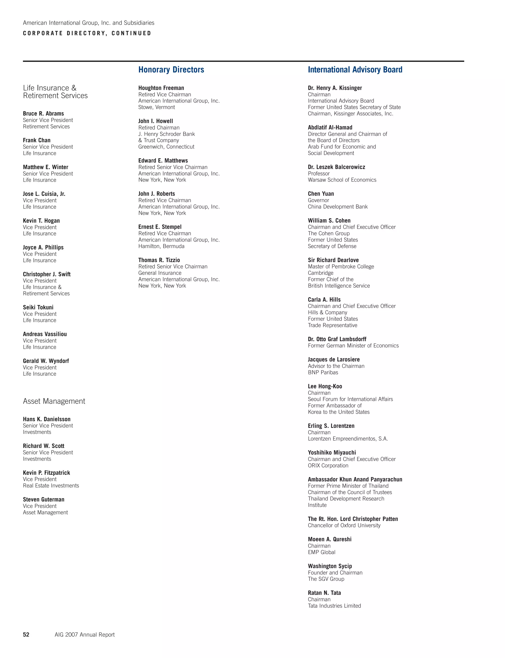 52 AIG 2007 Annual Report
Life Insurance &
Retirement Services
Bruce R. Abrams
Senior Vice President
Retirement Services
Frank Chan
Senior Vice President
Life Insurance
Matthew E. Winter
Senior Vice President
Life Insurance
Jose L. Cuisia, Jr.
Vice President
Life Insurance
Kevin T. Hogan
Vice President
Life Insurance
Joyce A. Phillips
Vice President
Life Insurance
Christopher J. Swift
Vice President
Life Insurance &
Retirement Services
Seiki Tokuni
Vice President
Life Insurance
Andreas Vassiliou
Vice President
Life Insurance
Gerald W. Wyndorf
Vice President
Life Insurance
Asset Management
Hans K. Danielsson
Senior Vice President
Investments
Richard W. Scott
Senior Vice President
Investments
Kevin P. Fitzpatrick
Vice President
Real Estate Investments
Steven Guterman
Vice President
Asset Management
Honorary Directors
Houghton Freeman
Retired Vice Chairman
American International Group, Inc.
Stowe, Vermont
John I. Howell
Retired Chairman
J. Henry Schroder Bank
& Trust Company
Greenwich, Connecticut
Edward E. Matthews
Retired Senior Vice Chairman
American International Group, Inc.
New York, New York
John J. Roberts
Retired Vice Chairman
American International Group, Inc.
New York, New York
Ernest E. Stempel
Retired Vice Chairman
American International Group, Inc.
Hamilton, Bermuda
Thomas R. Tizzio
Retired Senior Vice Chairman
General Insurance
American International Group, Inc.
New York, New York
American International Group, Inc. and Subsidiaries
C O R P O R A T E D I R E C T O R Y, C O N T I N U E D
International Advisory Board
Dr. Henry A. Kissinger
Chairman
International Advisory Board
Former United States Secretary of State
Chairman, Kissinger Associates, Inc.
Abdlatif Al-Hamad
Director General and Chairman of
the Board of Directors
Arab Fund for Economic and
Social Development
Dr. Leszek Balcerowicz
Professor
Warsaw School of Economics
Chen Yuan
Governor
China Development Bank
William S. Cohen
Chairman and Chief Executive Ofﬁcer
The Cohen Group
Former United States
Secretary of Defense
Sir Richard Dearlove
Master of Pembroke College
Cambridge
Former Chief of the
British Intelligence Service
Carla A. Hills
Chairman and Chief Executive Ofﬁcer
Hills & Company
Former United States
Trade Representative
Dr. Otto Graf Lambsdorff
Former German Minister of Economics
Jacques de Larosiere
Advisor to the Chairman
BNP Paribas
Lee Hong-Koo
Chairman
Seoul Forum for International Affairs
Former Ambassador of
Korea to the United States
Erling S. Lorentzen
Chairman
Lorentzen Empreendimentos, S.A.
Yoshihiko Miyauchi
Chairman and Chief Executive Ofﬁcer
ORIX Corporation
Ambassador Khun Anand Panyarachun
Former Prime Minister of Thailand
Chairman of the Council of Trustees
Thailand Development Research
Institute
The Rt. Hon. Lord Christopher Patten
Chancellor of Oxford University
Moeen A. Qureshi
Chairman
EMP Global
Washington Sycip
Founder and Chairman
The SGV Group
Ratan N. Tata
Chairman
Tata Industries Limited
 