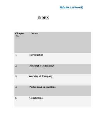 INDEX



Chapter     Name
No.




1.        Introduction



2.        Research Methodology



3.        Working of Company



4.        Problems & suggestions



5.        Conclusions
 