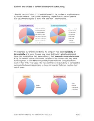 Success and failures of content development outsourcing
© 2014 Brandon Hall Group, Inc. and Quantum 7 Group, LLC Page 3
Likewise, the distribution of companies based on the number of employees was
equally represented. Companies responding ranged from those with greater
than 250,000 employees to those with less than 100 employees.
We expanded our analysis to identify if a company was located globally or
domestically, and found it was a near equal distribution. We also assessed
those that reported that they were achieving their key performance indicators
(KPI). We found a fairly equal division between those that reported they were
achieving most of their KPIs compared to those that were failing to achieve
most of their KPIs. This was a vital indicator that led to our ability to contrast the
successful outsourcing programs to those companies that were meeting their
overall goals.
 