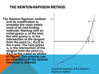 The Newton-Raphson method
and its modification is
probably the most widely
used of all root-finding
methods. Starting with an
initial guess x1 at the root,
the next guess x2 is the
intersection of the tangent
from the point [x1, f(x1)] to
the x-axis. The next guess
x3 is the intersection of the
tangent from the point [x2,
f(x2)] to the x-axis as shown
in Figure . The process can
be repeated until the desired
tolerance is attained.
THE NEWTON-RAPHSON METHOD
Graphical depiction of the Newton-
Raphson method.
 