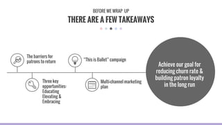 THERE ARE A FEW TAKEAWAYS
BEFORE WE WRAP UP
The barriers for
patrons to return
Three key
opportunities:
Educating
Elevating &
Embracing
“This is Ballet” campaign
Multi-channel marketing
plan
Achieve our goal for
reducing churn rate &
building patron loyalty
in the long run
 