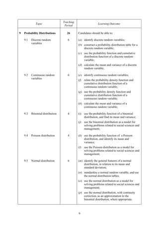 Teaching
             Topic                                             Learning Outcome
                                   Period

9   Probability Distributions       26       Candidates should be able to:

    9.1   Discrete random            6       (a) identify discrete random variables;
          variables
                                             (b) construct a probability distribution table for a
                                                 discrete random variable;
                                             (c) use the probability function and cumulative
                                                 distribution function of a discrete random
                                                 variable;
                                             (d) calculate the mean and variance of a discrete
                                                 random variable;

    9.2   Continuous random          6       (e) identify continuous random variables;
          variables
                                             (f)   relate the probability density function and
                                                   cumulative distribution function of a
                                                   continuous random variable;
                                             (g) use the probability density function and
                                                 cumulative distribution function of a
                                                 continuous random variable;
                                             (h) calculate the mean and variance of a
                                                 continuous random variable;

    9.3   Binomial distribution      4       (i)   use the probability function of a binomial
                                                   distribution, and find its mean and variance;
                                             (j)   use the binomial distribution as a model for
                                                   solving problems related to social sciences and
                                                   management;

    9.4   Poisson distribution       4       (k) use the probability function of a Poisson
                                                 distribution, and identify its mean and
                                                 variance;
                                             (l)   use the Poisson distribution as a model for
                                                   solving problems related to social sciences and
                                                   management;

    9.5   Normal distribution        6       (m) identify the general features of a normal
                                                 distribution, in relation to its mean and
                                                 standard deviation;
                                             (n) standardise a normal random variable, and use
                                                 the normal distribution tables;
                                             (o) use the normal distribution as a model for
                                                 solving problems related to social sciences and
                                                 management;
                                             (p) use the normal distribution, with continuity
                                                 correction, as an approximation to the
                                                 binomial distribution, where appropriate.



                                             6
 