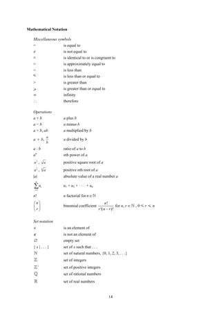 Mathematical Notation

   Miscellaneous symbols
   =                           is equal to
   ≠                           is not equal to
   ≡                           is identical to or is congruent to
   ≈                           is approximately equal to
   <                           is less than
   <                           is less than or equal to
   >                           is greater than
   >                           is greater than or equal to
   ∞                           infinity
   ∴                           therefore

   Operations
   a+b                         a plus b
   a−b                         a minus b
   a × b, ab                   a multiplied by b
                           a
   a ÷ b,                      a divided by b
                           b
   a:b                         ratio of a to b
   a   n
                               nth power of a
       1
   a , 2
                       a       positive square root of a
       1
   a , n           n
                       a       positive nth root of a
   |a|                         absolute value of a real number a
       n

   ∑u
    i =1
               i               u1 + u2 + ⋅ ⋅ ⋅ + un

   n!                          n factorial for n ∈
   ⎛n⎞                                                          n!
   ⎜ ⎟                         binomial coefficient                     for n, r ∈   ,0<r < n
   ⎝r⎠                                                    r !( n − r )!


   Set notation
   ∈                           is an element of
   ∉                           is not an element of
   ∅                           empty set
   {x|...}                     set of x such that . . .
                               set of natural numbers, {0, 1, 2, 3, . . .}
                               set of integers
           +
                               set of positive integers
                               set of rational numbers
                               set of real numbers


                                                                 14
 
