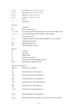 [ a, b ]          closed interval {x | x ∈     , a < x < b}
( a, b )          open interval {x | x ∈     , a < x < b}
[ a, b )          interval {x | x ∈   , a < x < b}
( a, b ]          interval {x | x ∈   , a < x < b}
∪                 union
∩                 intersection

Functions
f                 a function f
f(x)              value of a function f at x
f :A→ B           f is a function under which each element of set A has an image in set B
f :x y            f is a function which maps the element x to the element y
f −1              inverse function of f
f g               composite function of f and g which is defined by f g(x ) = f [g(x)]
e   x
                  exponential function of x
loga x            logarithm to base a of x
ln x              natural logarithm of x, loge x

Matrices
A                 a matrix A
0                 null matrix
I                 identity matrix
    T
A                 transpose of a matrix A
    −1
A                 inverse of a non-singular square matrix A
det A             determinant of a square matrix A

Derivatives and integrals
lim f ( x)        limit of f(x) as x tends to a
x →a

dy
                  first derivative of y with respect to x
dx
f '( x)           first derivative of f(x) with respect to x
d2 y
                  second derivative of y with respect to x
dx 2
f ''( x )         second derivative of f(x) with respect to x
dn y
                  nth derivative of y with respect to x
dx n
f (n ) ( x)       nth derivative of f(x) with respect to x


∫ y dx            indefinite integral of y with respect to x
    b
∫   a
        y dx      definite integral of y with respect to x for values of x between a and b


                                                  15
 