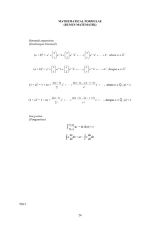 MATHEMATICAL FORMULAE
                                           (RUMUS MATEMATIK)




        Binomial expansions
        (Kembangan binomial)


                                ⎛n⎞               ⎛n⎞                        ⎛n⎞                                    +
            (a + b)n = a n + ⎜ ⎟ a n −1b + ⎜ ⎟ a n − 2 b 2 + ⋅ ⋅ ⋅ + ⎜ ⎟ a n − r b r + ⋅ ⋅ ⋅ + b n , where n ∈
                                ⎝1⎠               ⎝2⎠                        ⎝r⎠

                               ⎛n⎞                ⎛n⎞                     ⎛n⎞                                       +
            (a + b)n = a n + ⎜ ⎟ a n −1b + ⎜ ⎟ a n − 2 b 2 + ⋅ ⋅ ⋅ + ⎜ ⎟ a n − r b r + ⋅ ⋅ ⋅ + b n , dengan n ∈
                               ⎝1⎠                ⎝2⎠                     ⎝r⎠


                                 n( n − 1)                   n( n − 1). . .( n − r + 1)
                                             x +⋅ ⋅ ⋅+                                    x + ⋅ ⋅ ⋅, where n ∈
                                              2
        (1 + x)n = 1 + nx +                                                                                       , |x| < 1
                                                                                               r

                                    2!                                  r!


                                n( n − 1)                n( n − 1). . .( n − r + 1)
                                             x +⋅ ⋅ ⋅+                                    x + ⋅ ⋅ ⋅, dengan n ∈
                                              2
        (1 + x)n = 1 + nx +                                                                                       , |x| < 1
                                                                                           r

                                   2!                                   r!




        Integration
        (Pengamiran)
                                                     f '( x)
                                                   ∫ f ( x) dx     = ln |f(x)| + c

                                                        dv                     du
                                                   ∫ u dxdx = uv − ∫ v dx dx




950/1


                                                                   24
 