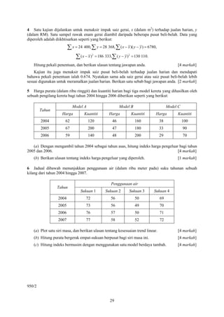 4 Satu kajian dijalankan untuk menaksir impak saiz gerai, x (dalam m2) terhadap jualan harian, y
(dalam RM). Satu sampel rawak enam gerai diambil daripada beberapa pusat beli-belah. Data yang
diperoleh adalah diikhtisarkan seperti yang berikut:

                         ∑ x = 24 400, ∑ y = 28 368, ∑ ( x − x )( y − y ) = 6780,
                              ∑ (x − x )   2
                                               = 186 333,∑ ( y − y ) 2 = 130 110.

   Hitung pekali penentuan, dan berikan ulasan tentang jawapan anda.                            [4 markah]
    Kajian itu juga menaksir impak saiz pusat beli-belah terhadap jualan harian dan mendapati
bahawa pekali penentuan ialah 0.674. Nyatakan sama ada saiz gerai atau saiz pusat beli-belah lebih
sesuai digunakan untuk meramalkan jualan harian. Berikan satu sebab bagi jawapan anda. [2 markah]

5 Harga purata (dalam ribu ringgit) dan kuantiti harian bagi tiga model kereta yang dihasilkan oleh
sebuah pengilang kereta bagi tahun 2004 hingga 2006 diberikan seperti yang berikut:

                            Model A                            Model B                     Model C
        Tahun
                    Harga          Kuantiti             Harga         Kuantiti      Harga       Kuantiti
        2004          62              120                 46             160          38             100
        2005          67              200                 47             180          33             90
        2006          59              140                 48             200          29             70

   (a) Dengan mengambil tahun 2004 sebagai tahun asas, hitung indeks harga pengeluar bagi tahun
2005 dan 2006.                                                                      [4 markah]
   (b) Berikan ulasan tentang indeks harga pengeluar yang diperoleh.                            [1 markah]

6 Jadual dibawah menunjukkan penggunaan air (dalam ribu meter padu) suku tahunan sebuah
kilang dari tahun 2004 hingga 2007.

                                                         Penggunaan air
                 Tahun
                                 Sukuan 1            Sukuan 2       Sukuan 3        Sukuan 4
                  2004              72                   56              50           69
                  2005              73                   56              49           70
                  2006              76                   57              50           71
                  2007              77                   58              52           72

   (a) Plot satu siri masa, dan berikan ulasan tentang kesesuaian trend linear.                 [4 markah]
   (b) Hitung purata bergerak empat-sukuan berpusat bagi siri masa ini.                         [4 markah]
   (c) Hitung indeks bermusim dengan menggunakan satu model berdaya tambah.                     [4 markah]




950/2


                                                        29
 