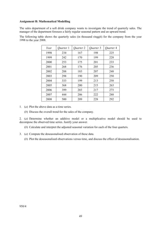 Assignment B: Mathematical Modelling

The sales department of a soft drink company wants to investigate the trend of quarterly sales. The
manager of the department foresees a fairly regular seasonal pattern and an upward trend.
The following table shows the quarterly sales (in thousand ringgit) for the company from the year
1998 to the year 2008.

                      Year      Quarter 1      Quarter 2    Quarter 3    Quarter 4
                      1998          234           167          198           225
                      1999          242           170          199           228
                      2000          253           175          201           233
                      2001          268           176          205           236
                      2002          288           183          207           248
                      2003          298           190          209           250
                      2004          333           199          213           258
                      2005          368           200          215           263
                      2006          399           203          217           273
                      2007          444           206          222           288
                      2008          500           209          228           292

1. (a) Plot the above data as a time series.
    (b) Discuss the overall trend for the sales of the company.

2. (a) Determine whether an additive model or a multiplicative model should be used to
decompose the observed time series. Justify your answer.
    (b) Calculate and interpret the adjusted seasonal variation for each of the four quarters.

3. (a) Compute the deseasonalised observation of these data.
    (b) Plot the deseasonalised observations versus time, and discuss the effect of deseasonalisation.




950/4


                                                   49
 