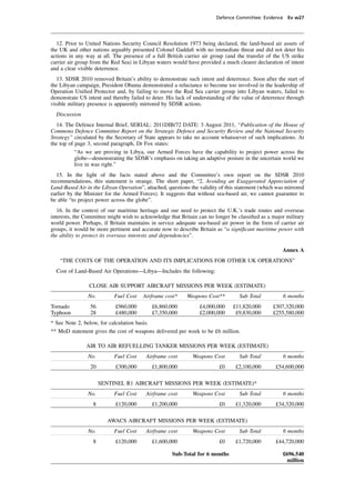 Defence Committee: Evidence Ev w27




  12. Prior to United Nations Security Council Resolution 1973 being declared, the land-based air assets of
the UK and other nations arguably presented Colonel Gaddaﬁ with no immediate threat and did not deter his
actions in any way at all. The presence of a full British carrier air group (and the transfer of the US strike
carrier air group from the Red Sea) in Libyan waters would have provided a much clearer declaration of intent
and a clear visible deterrence.
   13. SDSR 2010 removed Britain’s ability to demonstrate such intent and deterrence. Soon after the start of
the Libyan campaign, President Obama demonstrated a reluctance to become too involved in the leadership of
Operation Uniﬁed Protector and, by failing to move the Red Sea carrier group into Libyan waters, failed to
demonstrate US intent and thereby failed to deter. His lack of understanding of the value of deterrence through
visible military presence is apparently mirrored by SDSR actions.
  Discussion
   14. The Defence Internal Brief, SERIAL: 2011DIB/72 DATE: 3 August 2011, “Publication of the House of
Commons Defence Committee Report on the Strategic Defence and Security Review and the National Security
Strategy” circulated by the Secretary of State appears to take no account whatsoever of such implications. At
the top of page 3, second paragraph, Dr Fox states:
           “As we are proving in Libya, our Armed Forces have the capability to project power across the
           globe—demonstrating the SDSR’s emphasis on taking an adaptive posture in the uncertain world we
           live in was right.”
   15. In the light of the facts stated above and the Committee’s own report on the SDSR 2010
recommendations, this statement is strange. The short paper, “2. Avoiding an Exaggerated Appreciation of
Land-Based Air in the Libyan Operation”, attached, questions the validity of this statement (which was mirrored
earlier by the Minister for the Armed Forces). It suggests that without sea-based air, we cannot guarantee to
be able “to project power across the globe”.
   16. In the context of our maritime heritage and our need to protect the U.K.’s trade routes and overseas
interests, the Committee might wish to acknowledge that Britain can no longer be classiﬁed as a major military
world power. Perhaps, if Britain maintains in service adequate sea-based air power in the form of carrier air
groups, it would be more pertinent and accurate now to describe Britain as “a signiﬁcant maritime power with
the ability to protect its overseas interests and dependencies”.

                                                                                                     Annex A
    “THE COSTS OF THE OPERATION AND ITS IMPLICATIONS FOR OTHER UK OPERATIONS”
  Cost of Land-Based Air Operations—Libya—Includes the following:

                CLOSE AIR SUPPORT AIRCRAFT MISSIONS PER WEEK (ESTIMATE)
                No.        Fuel Cost    Airframe cost*     Weapons Cost**         Sub Total          6 months
Tornado          56         £960,000        £6,860,000           £4,000,000    £11,820,000       £307,320,000
Typhoon          28         £480,000        £7,350,000           £2,000,000     £9,830,000       £255,580,000
* See Note 2, below, for calculation basis.
** MoD statement gives the cost of weapons delivered per week to be £6 million.

               AIR TO AIR REFUELLING TANKER MISSIONS PER WEEK (ESTIMATE)
                No.        Fuel Cost     Airframe cost        Weapons Cost        Sub Total          6 months
                 20         £300,000        £1,800,000                   £0      £2,100,000       £54,600,000

                      SENTINEL R1 AIRCRAFT MISSIONS PER WEEK (ESTIMATE)*
                No.        Fuel Cost     Airframe cost        Weapons Cost        Sub Total          6 months
                  8         £120,000        £1,200,000                   £0      £1,320,000       £34,320,000

                        AWACS AIRCRAFT MISSIONS PER WEEK (ESTIMATE)
                No.        Fuel Cost     Airframe cost        Weapons Cost        Sub Total          6 months
                  8         £120,000        £1,600,000                   £0      £1,720,000       £44,720,000

                                                     Sub-Total for 6 months                          £696.540
                                                                                                      million
 