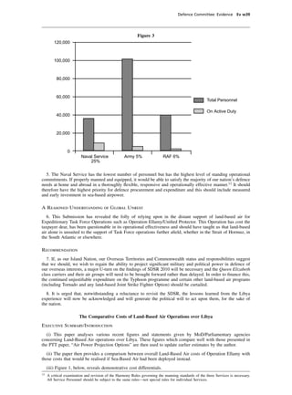 Defence Committee: Evidence Ev w39




                                                            Figure 3
         120,000



         100,000



          80,000



          60,000
                                                                                                      Total Personnel

                                                                                                      On Active Duty
          40,000



          20,000



                 0
                         Naval Service              Army 5%                RAF 6%
                             25%


  5. The Naval Service has the lowest number of personnel but has the highest level of standing operational
commitments. If properly manned and equipped, it would be able to satisfy the majority of our nation’s defence
needs at home and abroad in a thoroughly ﬂexible, responsive and operationally effective manner.12 It should
therefore have the highest priority for defence procurement and expenditure and this should include measured
and early investment in sea-based airpower.

A Reasoned Understanding of Global Unrest
   6. This Submission has revealed the folly of relying upon in the distant support of land-based air for
Expeditionary Task Force Operations such as Operation Ellamy/Uniﬁed Protector. This Operation has cost the
taxpayer dear, has been questionable in its operational effectiveness and should have taught us that land-based
air alone is unsuited to the support of Task Force operations further aﬁeld, whether in the Strait of Hormuz, in
the South Atlantic or elsewhere.

Recommendation
   7. If, as our Island Nation, our Overseas Territories and Commonwealth status and responsibilities suggest
that we should, we wish to regain the ability to project signiﬁcant military and political power in defence of
our overseas interests, a major U-turn on the ﬁndings of SDSR 2010 will be necessary and the Queen Elizabeth
class carriers and their air groups will need to be brought forward rather than delayed. In order to ﬁnance this,
the continued unjustiﬁable expenditure on the Typhoon programme and certain other land-based air programs
(including Tornado and any land-based Joint Strike Fighter Option) should be curtailed.
  8. It is urged that, notwithstanding a reluctance to revisit the SDSR, the lessons learned from the Libya
experience will now be acknowledged and will generate the political will to act upon them, for the sake of
the nation.

                        The Comparative Costs of Land-Based Air Operations over Libya
Executive Summary/Introduction
  (i) This paper analyses various recent ﬁgures and statements given by MoD/Parliamentary agencies
concerning Land-Based Air operations over Libya. These ﬁgures which compare well with those presented in
the PTT paper, “Air Power Projection Options” are then used to update earlier estimates by the author.
  (ii) The paper then provides a comparison between overall Land-Based Air costs of Operation Ellamy with
those costs that would be realised if Sea-Based Air had been deployed instead.
     (iii) Figure 1, below, reveals demonstrative cost differentials.
12
     A critical examination and revision of the Harmony Rules governing the manning standards of the three Services is necessary.
     All Service Personnel should be subject to the same rules—not special rules for individual Services.
 