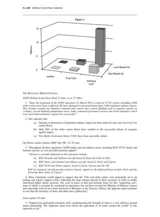 Ev w40 Defence Committee: Evidence




                                                   Figure 1


                  15




                  10
       Millions




                  5



                                                                                         Land Based Air
                  0
                                                                                    Sea Based Air
                       sorties
                                          Fuel Cost
                                                               Airframe
                                                                cost*


The Relevant Briefs/Updates
NATO Rolling Script Libya Brief 27 June, as at 17:30hrs
   1. “Since the beginning of the NATO operation (31 March 2011) a total of 12,745 sorties, including 4,804
strike sorties have been conducted. We have damaged or destroyed more than 2,400 legitimate military targets.
This includes around one hundred command and control sites—which Qadhaﬁ used to organize attacks on
civilians, several hundred ammunition stores, tanks, armoured personnel carriers and rocket launchers which
were used indiscriminately against his own people.”
  2. This indicates that:
          (a) Damage or destruction of legitimate military targets has been achieved only once for every ﬁve
               sorties ﬂown.
          (b) Only 50% of the strike sorties ﬂown have resulted in the successful release of weapons
               against targets.
          (c) Two thirds of missions ﬂown (7,941) have been non-strike sorties.

Op Ellamy media Updates DMC-Ops PR—25–28 June
  3. “Throughout all these operations, NATO tanker and surveillance assets, including RAF VC10, Sentry and
Sentinel aircraft, as ever provided essential support.”
     “UK forces currently deployed on this operation include:
           (a) RAF Tornado and Typhoon aircraft based at Gioia del Colle in Italy.
           (b) RAF Sentry and Sentinel surveillance aircraft, based in Sicily and Cyprus.
           (c) RAF VC10 and Tristar tankers, based in Sicily, Cyprus and the UK.
     RAF air transport aircraft provide extensive logistic support to the deployed bases in Italy, Sicily and the
     Sovereign Base Areas in Cyprus.”
   4. These statements would appear to suggest that the 7,941 non-strike sorties were principally air to air
tanking and logistic support sorties, indicating the huge reliance placed on these resources in order to enable
land-based ﬁghter attack missions. The costs in terms of fuel and airframe hours for this “supporting cast”,
none of which is essential for sea-based air operations, has not been revealed by Ministry of Defence sources
and expectedly will not have been disclosed to Ministers or the Treasury. (Hence, the apparent under-estimates
in cost that the Secretary of State and others have publicized.)

Libya update 24 June
   5. “Typhoon has performed extremely well, complementing the Tornado in what is a very effective ground
attack partnership. The Typhoons alone have ﬂown the equivalent of 24 times around the world* in this
operation so far.”
 