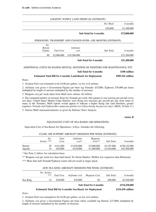 Ev w44 Defence Committee: Evidence




                              LOGISTIC SUPPLY LAND FROM UK (ESTIMATE)
                                                                                 Per Week             6 months
                                                                                   £50,000          £1,300,000

                                                         Sub-Total for 6 months                    £72,800,000

            PERSONNEL TRANSPORT AND CHANGE-OVER—SIX MONTHS (ESTIMATE)
                       No.
                    Return                       Airframe
                    Flights      Fuel Cost            cost                        Sub Total           6 months
                        80      £2,000,000    £19,200,000                                          £21,200,000

                                                       Sub-Total for 6 months                      £21,200,000

 ADDITIONAL COSTS EG BASING RENTAL, ROTATION OF FIGHTERS FOR MAINTENANCE, ETC
                                                       Sub-Total for 6 months                     £100 million
           Estimated Total Bill for 6 months Land-Based Air Deployment                         £905.542 million
Notes:
1. Aviation Fuel cost estimated to be £4.00 per gallon—as for civil airlines.
2. Airframe cost given = Government Figures per hour (eg Tornado: £35,000, Typhoon: £70,000 per hour)
multiplied by length of mission multiplied by the number of missions.
3. Weapons cost per week taken from MoD news release: £6 million.
4. The estimated number of missions ﬂown by Tornado per week (40) equates to one mission per aircraft every
two days. United States Marine Corps Harriers were ﬂying two missions per aircraft per day (four times as
many as the Tornado). MoD reports would appear to indicate a higher ﬂying rate (and therefore, greater
expense): Tornado and Typhoon ﬂew numerous patrols over Libya during the past two days. (MoD, 18 June 11.)
5. Various MoD statements/statistics as given by Defence News Analysis.

                                                                                                      Annex B
                        EQUIVALENT COST OF SEA-BASED AIR OPERATIONS
  Equivalent Cost of Sea-Based Air Operations—Libya—Includes the following:

                 CLOSE AIR SUPPORT AIRCRAFT MISSIONS PER WEEK (ESTIMATE)
                         No.         Fuel          Airframe          Weapons
                 Sorties ***         Cost              cost*          Cost**       Sub Total          6 months
Harrier                   28     £161,000       £1,036,000        £3,000,000      £4,197,000      £109,122,000
Apache                    14      £28,000        £210,000         £1,400,000      £1,638,000       £42,588,000
* See Note 2, below, for calculation basis.
** Weapons cost per week less than land based. No Storm Shadow. Hellﬁre less expensive than Brimstone.
*** More than half Tornado/Typhoon sorties did not result in target attack.

                    AEW SEA KING AIRCRAFT MISSIONS PER WEEK (ESTIMATE)
                  No. Sorties
                         ***     Fuel Cost    Airframe cost    Weapons Cost        Sub Total          6 months
Sea King                  14      £28,000          £70,000                 £0        £98,000        £2,548,000

                                                        Sub-Total for 6 months                    £154,258,000
             Estimated Total Bill for 6 months Sea-Based Air Deployment                        £154.258 million
Notes:
1. Aviation Fuel cost estimated to be £4.00 per gallon—as for civil airlines.
2. Airframe cost given = Government Figures per hour where available (eg Harrier: £37,000) multiplied by
length of mission multiplied by the number of missions.
 