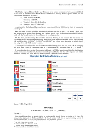 Defence Committee: Evidence Ev w73




   The UK has expended Storm Shadow and Brimstone air-to-surface missiles over Libya, along with Block
III and Block IV Tomahawk Land Attack Missiles, and Enhanced Paveway II and IV guided bombs. The unit
costs of those missiles are as follows:
           — Storm Shadow—£790,000.
           — Brimstone—£175,000.
           — Tomahawk Block III—£1.1 million.
           — Tomahawk Block IV—£870,000.
  A unit cost for the Enhanced Paveway has not been released by the MOD on the basis of commercial
sensitivity.26
  Only the Storm Shadow, Brimstone and Enhanced Paveway are used by the RAF to destroy Libyan tanks
and artillery on the ground. Both Tornado and Typhoon aircraft carry the Brimstone air-to-surface missile;
while only the Tornado carries the Storm Shadow air-to-surface missile.
  On that basis, and discounting the use of the Enhanced Paveway, if one assumes that one missile was
expended to destroy a Libyan tank or artillery piece during a one hour ﬂight by each aircraft, the cost to the
UK would be either £210,000,27 £245,00028 or £825,00029 per Libyan tank, depending on which aircraft
was being ﬂown and which missile was used.
  Assuming that Colonel Gaddaﬁ has 800 tanks and 2,400 artillery pieces, the cost to the UK of destroying
half of his assets (1,600), at a minimum would be £336 million and at a maximum would be £1.32 billion.
  It is worth noting, however, that the operation in Libya is a NATO-led operation, and therefore the Coalition
has far more assets available to it, than those currently provided by the UK. The following chart sets out the
number of countries and assets that have been assigned to Operation Uniﬁed Protector:
                               Operation Contributing Nations (as of 5 April)


            Belgium                                           Qatar

            Bulgaria                                          Romania

            Canada                                            Spain

            Denmark                                           Sweden

            France                                            Turkey

            Greece                                            United Arab Emirates

            Italy                                             United Kingdom

            Netherlands                                       United States

            Norway                                            NATO AWACS




                                                                                      Total     195      18


Source: NATO, 5 April 2011

                                                 APPENDIX 3
                                FUTURE OPERATIONS CAPABILITY QUESTIONS.
Preamble
   Our Armed Forces have no aircraft carrier or carrier capable aircraft for the next nine to 10 years. We
are currently dependent on the French Charles de Gaulle carrier which has an uncompromising history of
unserviceabilities due to its nuclear powered engine and propulsion systems.
26
     HC Deb 17 May 2011, c111–2W
27
     Tornado aircraft and a Brimstone missile
28
     Typhoon aircraft and a Brimstone missile
29
     Tornado aircraft and Storm Shadow missile
 