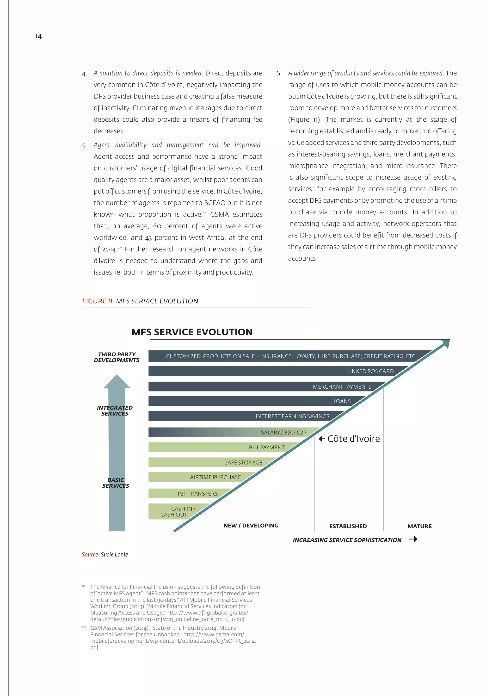 14
4.	 A solution to direct deposits is needed. Direct deposits are
very common in Côte d’Ivoire, negatively impacting the
DFS provider business case and creating a false measure
of inactivity. Eliminating revenue leakages due to direct
deposits could also provide a means of financing fee
decreases.
5.	 Agent availability and management can be improved.
Agent access and performance have a strong impact
on customers’ usage of digital financial services. Good
quality agents are a major asset, whilst poor agents can
put off customers from using the service. In Côte d’Ivoire,
the number of agents is reported to BCEAO but it is not
known what proportion is active.19
GSMA estimates
that, on average, 60 percent of agents were active
worldwide, and 43 percent in West Africa, at the end
of 2014.20
Further research on agent networks in Côte
d’Ivoire is needed to understand where the gaps and
issues lie, both in terms of proximity and productivity.
19	
The Alliance for Financial Inclusion suggests the following definition
of“active MFS agent”:“MFS cash points that have performed at least
one transaction in the last 90 days.” AFI Mobile Financial Services
Working Group (2013),“Mobile Financial Services Indicators for
Measuring Access and Usage.” http://www.afi-global.org/sites/
default/files/publications/mfswg_guideline_note_no.11_lo.pdf
20	
GSM Association (2014),“State of the Industry 2014: Mobile
Financial Services for the Unbanked.” http://www.gsma.com/
mobilefordevelopment/wp-content/uploads/2015/03/SOTIR_2014.
pdf
6.	 A wider range of products and services could be explored. The
range of uses to which mobile money accounts can be
put in Côte d’Ivoire is growing, but there is still significant
room to develop more and better services for customers
(Figure 11). The market is currently at the stage of
becoming established and is ready to move into offering
value added services and third party developments, such
as interest-bearing savings, loans, merchant payments,
microfinance integration, and micro-insurance. There
is also significant scope to increase usage of existing
services, for example by encouraging more billers to
accept DFS payments or by promoting the use of airtime
purchase via mobile money accounts. In addition to
increasing usage and activity, network operators that
are DFS providers could benefit from decreased costs if
they can increase sales of airtime through mobile money
accounts.
CUSTOMIZED PRODUCTS ON SALE – INSURANCE; LOYALTY; HIRE-PURCHASE; CREDIT RATING; ETC
LINKED POS CARD
MERCHANT PAYMENTS
LOANS
INTEREST EARNING SAVINGS
SALARY / B2C/ G2P
BILL PAYMENT
SAFE STORAGE
AIRTIME PURCHASE
P2P TRANSFERS
CASH IN /
CASH OUT
NEW / DEVELOPING ESTABLISHED MATURE
THIRD PARTY
DEVELOPMENTS
INTEGRATED
SERVICES
BASIC
SERVICES
INCREASING SERVICE SOPHISTICATION
Côte d’Ivoire
MFS SERVICE EVOLUTION
FIGURE 11: MFS SERVICE EVOLUTION
Source: Susie Lonie
 