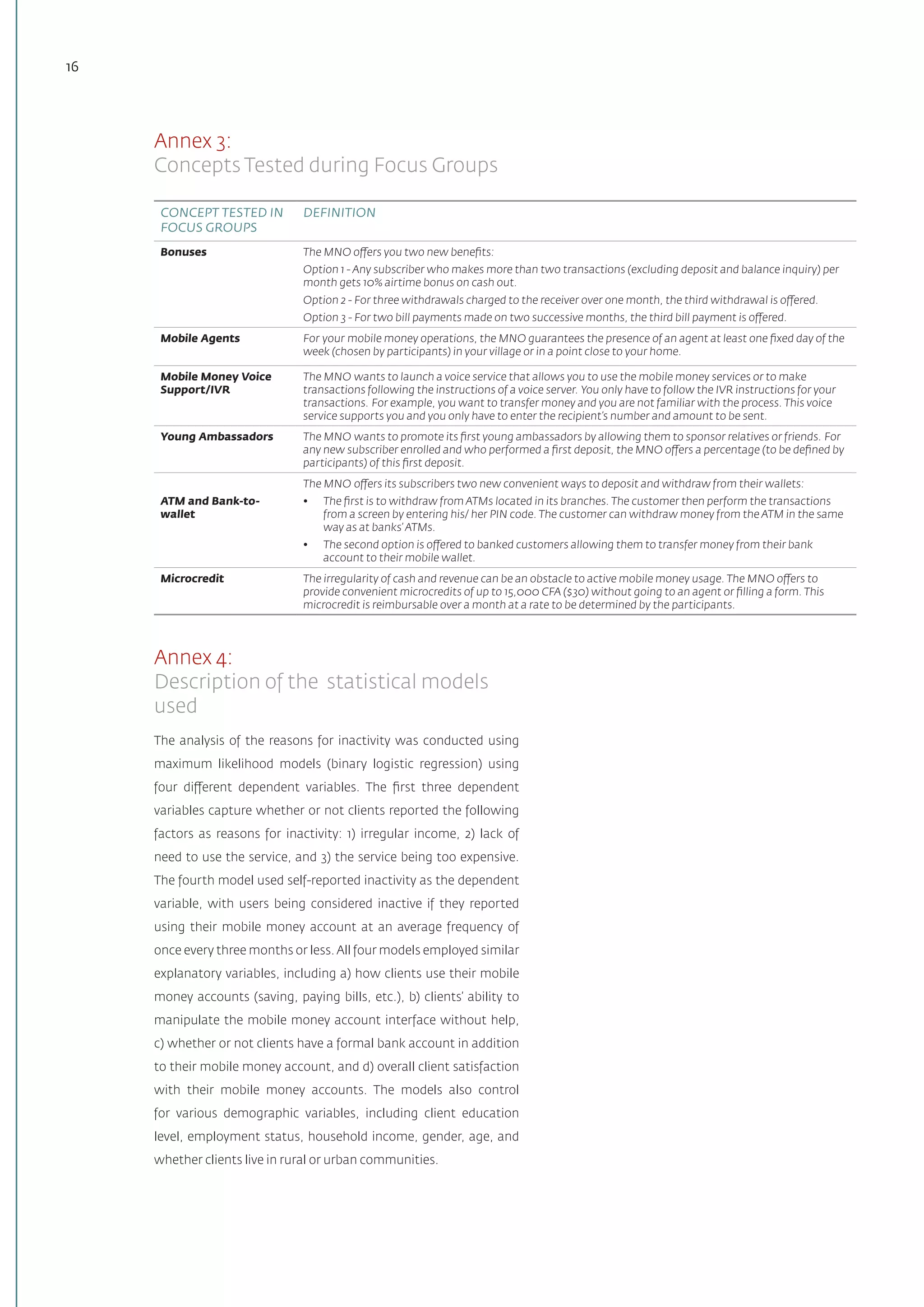 16
Annex 3:
Concepts Tested during Focus Groups
CONCEPT TESTED IN
FOCUS GROUPS
DEFINITION
Bonuses
 
The MNO offers you two new benefits:
Option 1 - Any subscriber who makes more than two transactions (excluding deposit and balance inquiry) per
month gets 10% airtime bonus on cash out.
Option 2 - For three withdrawals charged to the receiver over one month, the third withdrawal is offered.
Option 3 - For two bill payments made ​​on two successive months, the third bill payment is offered.
Mobile Agents
 
For your mobile money operations, the MNO guarantees the presence of an agent at least one fixed day of the
week (chosen by participants) in your village or in a point close to your home.
Mobile Money Voice
Support/IVR
 
The MNO wants to launch a voice service that allows you to use the mobile money services or to make
transactions following the instructions of a voice server. You only have to follow the IVR instructions for your
transactions. For example, you want to transfer money and you are not familiar with the process. This voice
service supports you and you only have to enter the recipient’s number and amount to be sent.
Young Ambassadors The MNO wants to promote its first young ambassadors by allowing them to sponsor relatives or friends. For
any new subscriber enrolled and who performed a first deposit, the MNO offers a percentage (to be defined by
participants) of this first deposit.
 
ATM and Bank-to-
wallet
The MNO offers its subscribers two new convenient ways to deposit and withdraw from their wallets:
•	 The first is to withdraw from ATMs located in its branches. The customer then perform the transactions
from a screen by entering his/ her PIN code. The customer can withdraw money from the ATM in the same
way as at banks’ ATMs.
•	 The second option is offered to banked customers allowing them to transfer money from their bank
account to their mobile wallet.
Microcredit The irregularity of cash and revenue can be an obstacle to active mobile money usage. The MNO offers to
provide convenient microcredits of up to 15,000 CFA ($30) without going to an agent or filling a form. This
microcredit is reimbursable over a month at a rate to be determined by the participants.
Annex 4:
Description of the statistical models
used
The analysis of the reasons for inactivity was conducted using
maximum likelihood models (binary logistic regression) using
four different dependent variables. The first three dependent
variables capture whether or not clients reported the following
factors as reasons for inactivity: 1) irregular income, 2) lack of
need to use the service, and 3) the service being too expensive.
The fourth model used self-reported inactivity as the dependent
variable, with users being considered inactive if they reported
using their mobile money account at an average frequency of
once every three months or less.All four models employed similar
explanatory variables, including a) how clients use their mobile
money accounts (saving, paying bills, etc.), b) clients’ ability to
manipulate the mobile money account interface without help,
c) whether or not clients have a formal bank account in addition
to their mobile money account, and d) overall client satisfaction
with their mobile money accounts. The models also control
for various demographic variables, including client education
level, employment status, household income, gender, age, and
whether clients live in rural or urban communities.
 