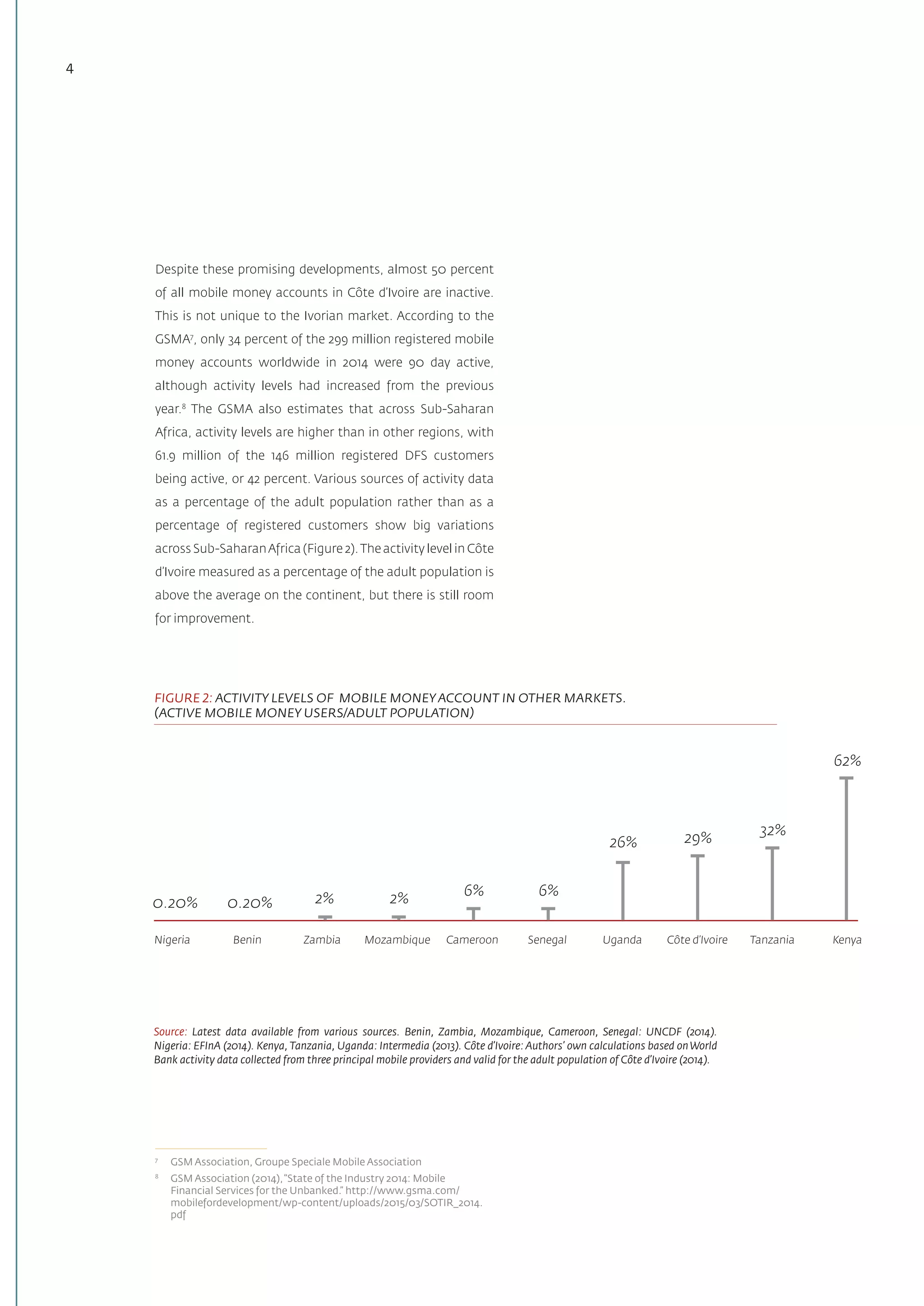 4
Despite these promising developments, almost 50 percent
of all mobile money accounts in Côte d’Ivoire are inactive.
This is not unique to the Ivorian market. According to the
GSMA7
, only 34 percent of the 299 million registered mobile
money accounts worldwide in 2014 were 90 day active,
although activity levels had increased from the previous
year.8
The GSMA also estimates that across Sub-Saharan
Africa, activity levels are higher than in other regions, with
61.9 million of the 146 million registered DFS customers
being active, or 42 percent. Various sources of activity data
as a percentage of the adult population rather than as a
percentage of registered customers show big variations
across Sub-SaharanAfrica (Figure 2).The activity level in Côte
d’Ivoire measured as a percentage of the adult population is
above the average on the continent, but there is still room
for improvement.
7	
GSM Association, Groupe Speciale Mobile Association
8	
GSM Association (2014),“State of the Industry 2014: Mobile
Financial Services for the Unbanked.” http://www.gsma.com/
mobilefordevelopment/wp-content/uploads/2015/03/SOTIR_2014.
pdf
Nigeria Benin Zambia Mozambique Cameroon Senegal Uganda Côte d’Ivoire Tanzania Kenya
FIGURE 2: ACTIVITY LEVELS OF MOBILE MONEYACCOUNT IN OTHER MARKETS.
(ACTIVE MOBILE MONEY USERS/ADULT POPULATION)
62%
32%29%26%
6%6%2%2%0.20%0.20%
Source: Latest data available from various sources. Benin, Zambia, Mozambique, Cameroon, Senegal: UNCDF (2014).
Nigeria: EFInA (2014). Kenya, Tanzania, Uganda: Intermedia (2013). Côte d’Ivoire: Authors’ own calculations based on World
Bank activity data collected from three principal mobile providers and valid for the adult population of Côte d’Ivoire (2014).
 