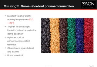 Page 13BE Confidential
MussangTM Flame retardant polymer formulation
 Excellent weather ability;
working temperature -50°C
~125°C
 10 years life cycle; high
insulation resistance under the
damp condition
 High mechanical
performance; excellent
resilience
 Oil resistance against diesel
and IRM902
 Flame retardant
 