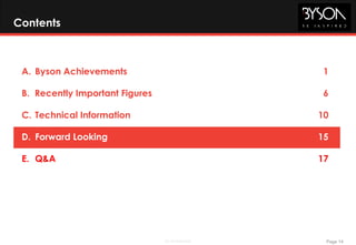 Page 14BE Confidential
Contents
A. Byson Achievements 1
B. Recently Important Figures 6
C. Technical Information 10
D. Forward Looking 15
E. Q&A 17
 