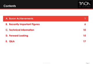 Page 1BE Confidential
Contents
A. Byson Achievements 1
B. Recently Important Figures 6
C. Technical Information 10
D. Forward Looking 15
E. Q&A 17
 