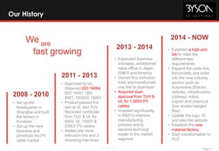 Page 3BE Confidential
Our History
• Set up the
headquarter in
Shanghai and built
the factory in
Kunshan
• Set up the core
business and
penetrate the PV
cable market
• Approved by UL,
Obtained ISO 14064,
ISO 14001, ISO
9001, OHSAS 18001
• Product passed the
test at UL and TUV,
Received certificate
from TUV & UL for
600V, UL 1000V &
2000V PV cables
• Added one more
extrusion line and 3
stranding machines
• Expanded business
overseas ,established
sales office in Japan,
EMEA and America
• Owned four extrusion
lines and transformed
one line to dual-layer
• Acquired dual-
approval from TUV &
UL for 1,500V PV
cables
• Invested significantly
in R&D to improve
manufacturing
process and to
become technical
leader in the market
segment
• Establish a high end
lab to meet the
different test
requirements
• Expand the cable line
horizontally and enter
into the new industry
section such as
Automotive (Electric
vehicle), infrastructure
(railway), robot,
copper and chemical
(low smoke halogen
free) .
• Update the logo, VI
and also the website
• Establish the new
material factory
• Start transformation to
PLC
We are
fast growing
 