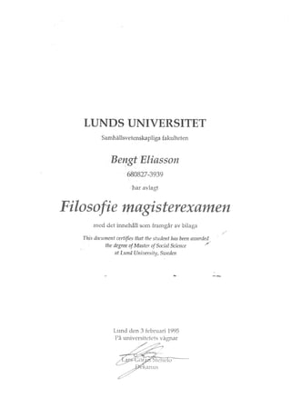 Diploma Lunds University - MSc Bengt Eliasson