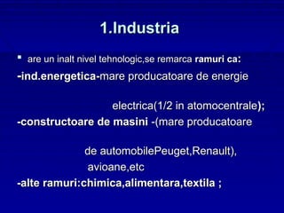 1.Industria
 are un inalt nivel tehnologic,se remarca ramuri ca:
-ind.energetica-mare producatoare de energie

                  electrica(1/2 in atomocentrale);
-constructoare de masini -(mare producatoare

              de automobilePeuget,Renault),
              avioane,etc
-alte ramuri:chimica,alimentara,textila ;
 