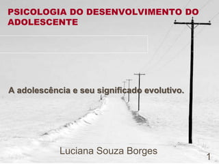 PSICOLOGIA DO DESENVOLVIMENTO DO
ADOLESCENTE
A adolescência e seu significado evolutivo.
1
Luciana Souza Borges
 