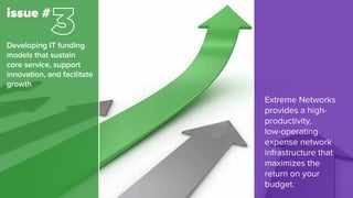 Developing IT funding
models that sustain
core service, support
innovation, and facilitate
growth
Extreme Networks
provides a high-
productivity,
low-operating
expense network
infrastructure that
maximizes the
return on your
budget.
issue #
 