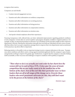 Rethinking Public, Private and Nonprofit Strategies to Advance Women in Tech34
to improve their metrics.
Companies can and should:
•	 Conduct internal engagement surveys;
•	 Examine and collect information on workforce composition;
•	 Examine and collect information on recruiting practices;
•	 Examine and collect information on hiring practices;
•	 Examine and collect information on compensation statistics;
•	 Examine and collect information on retention rates;
•	 And speak to female employees about their experiences.
Ensuring transparency with collected data can foster substantial improvements regarding gendered conditions
at tech companies. Certain data on current numbers and progress should be available to targeted audiences. For
example, at eBay, an internal presentation to all Senior Vice-Presidents (SVPs) provides insight on their respective
departments’ diversity. Sharing this information internally does not hold any individual executive more account-
able than others, but it can spur competition amongst them to improve their own departments (and as mentioned
in best practices, top down effort is important).
Releasing statistics to the public is also an important strategy to prove company dedication to the cause. Transpar-
ency about conditions and efforts sends a strong signal to potential applicants that the company is open, honest,
and genuinely working to improve the gender gap. Furthermore, it signals that the company is sincerely holding
itself accountable, as their successes and challenges to improve conditions will be publicly recognized.
“Then what we do is we actually just rank order by bar charts how the
women fall out in each of these SVPs. It does spur the sense of innate
competition like no one really wants to be the smallest bar at the
bottom of the chart. Even if this isn’t like their particular issue we have
leaders that are all at all ranges of the change curve. Even for those
leaders who aren’t passionate advocates for this, they still don’t want
to be the person at the bottom of the chart.”
-Michelle Angier
 