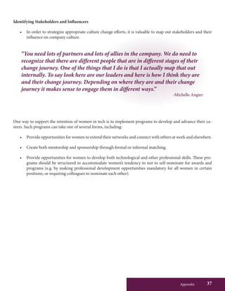 Appendix 37
Identifying Stakeholders and Influencers
•	 In order to strategize appropriate culture change efforts, it is valuable to map out stakeholders and their
influence on company culture.
One way to support the retention of women in tech is to implement programs to develop and advance their ca-
reers. Such programs can take one of several forms, including:
•	 Provide opportunities for women to extend their networks and connect with others at work and elsewhere.
•	 Create both mentorship and sponsorship through formal or informal matching.
•	 Provide opportunities for women to develop both technological and other professional skills. These pro-
grams should be structured to accommodate women’s tendency to not to self-nominate for awards and
programs (e.g. by making professional development opportunities mandatory for all women in certain
positions, or requiring colleagues to nominate each other).
“You need lots of partners and lots of allies in the company. We do need to
recognize that there are different people that are in different stages of their
change journey. One of the things that I do is that I actually map that out
internally. To say look here are our leaders and here is how I think they are
and their change journey. Depending on where they are and their change
journey it makes sense to engage them in different ways.”
-Michelle Angier
 