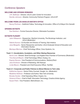 Appendix 41
Conference Speakers
WELCOME AND OPENING REMARKS
J.R. DeShazo - Director, UCLA Luskin Center for Innovation
Davida Johnson - Director, Community Partners Program, UCLA OIT
WELCOME FROM LOS ANGELES MAYOR’S OFFICE
Nancy Perlman - Goldhirsh Fellow, Technology & Innovation, Office of LA Mayor Eric Garcetti
OPENING KEYNOTE
Sue Gardner - Former Executive Director, Wikimedia Foundation
KEYNOTE PLENARY
John Villasenor - Researcher, Stanford University, The Brookings Institution, and
UCLA (Moderator)
Valerie Aurora - Co-founder and Director of Training, Ada Initiative
Jane Margolis - Senior Researcher and Author, UCLA Graduate School of Education and
Information Studies
Monique Morrow - Chief Technology Officer, Cisco Systems, Inc.
Track 1.1: Accelerators, Incubators, and Other Startup Resources
Kevin Lew - Director, Bixel Exchange, Los Angeles Area Chamber of Commerce (Moderator)
Tina Denuit-Wojcik - Chief Technology Officer, Enplug, Inc.
Espree Devora - Vice President of Communications, WeAreLATech
Jess Erickson - Director of Marketing, 500 Startups
Linda Moore - President and Chief Executive Officer, TechNet
Track 2.1: Corporate and Public Policies to Attract Women to Tech Jobs
Katherine Oyama - Senior Policy Counsel, Google, Inc. (Moderator)
Madeline Heilman - Professor and Author, New York University
Brooke Hunter - Chief Operating Officer, Engine, Inc.
Victoria O’Seni - Chief of Staff, Information Technology, Creative Artists Agency
Susan Palm - Vice President, MetricStream, Inc.
 
