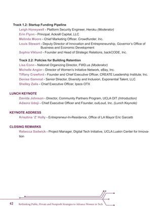 Rethinking Public, Private and Nonprofit Strategies to Advance Women in Tech42
Track 1.2: Startup Funding Pipeline
Leigh Honeywell - Platform Security Engineer, Heroku (Moderator)
Erin Flynn - Principal, Ackrell Capital, LLC
Melinda Moore - Chief Marketing Officer, Crowdfunder, Inc.
Louis Stewart - Deputy Director of Innovation and Entrepreneurship, Governor’s Office of
Business and Economic Development
Sophia Viklund - Founder and Head of Strategic Relations, backCODE, Inc.
Track 2.2: Policies for Building Retention
Lisa Conn - National Organizing Director, FWD.us (Moderator)
Michelle Angier - Director of Women’s Initiative Network, eBay, Inc.
Tiffany Crawford - Founder and Chief Executive Officer, CREATE Leadership Institute, Inc.
Denise Gammal - Senior Director, Diversity and Inclusion, Exponential Talent, LLC
Shelley Zalis - Chief Executive Officer, Ipsos OTX
LUNCH KEYNOTE
Davida Johnson - Director, Community Partners Program, UCLA OIT (Introduction)
Adaora Udoji - Chief Executive Officer and Founder, outLoud, Inc. (Lunch Keynote)
KEYNOTE ADDRESS
Krisztina ‘Z’ Holly - Entrepreneur-In-Residence, Office of LA Mayor Eric Garcetti
CLOSING REMARKS
Rebecca Sadwick - Project Manager, Digital Tech Initiative, UCLA Luskin Center for Innova-
tion
 