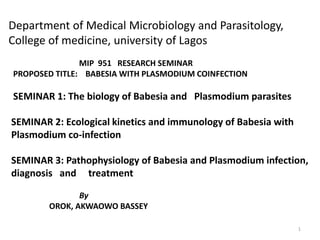 Department of Medical Microbiology and Parasitology,
College of medicine, university of Lagos
MIP 951 RESEARCH SEMINAR
PROPOSED TITLE: BABESIA WITH PLASMODIUM COINFECTION
SEMINAR 1: The biology of Babesia and Plasmodium parasites
SEMINAR 2: Ecological kinetics and immunology of Babesia with
Plasmodium co-infection
SEMINAR 3: Pathophysiology of Babesia and Plasmodium infection,
diagnosis and treatment
By
OROK, AKWAOWO BASSEY
1
 