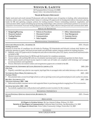 STEVEN K. LAZETTE
143 Tamarack Drive│ Corona, CA 92881
760-617-5331 │ stevenlazette@yahoo.com
TRADE & FINANCE SPECIALIST
Highly motivated and result oriented Professional with over thirteen years of expertise in trading, office administration,
inventory control, sales, and financial field. Astute in verifying UIT paperwork for breakpoint/rollover discounts, placing
trades for RR and updating company policies for trading practices. Possess outstanding analytical, negotiation, and
communication skills; expert at building top-producing relationships with customers and business partners to succeed in a
corporative environment. Exercises strong judgment and displays highly effective interpersonal and communication skills.
A R E A S O F EX P E R T I S E
 Budgeting/Planning
 Financial Analysis
 Trading Practices
 Compliance
 Policies & Procedures
 Document Control
 Communication
 Sales Support
 Office Administration
 Time Management
 Customer Service
 Detail-Oriented
P R O F E S S I O N A L EX P E R I E N C E
CENTAURUS FINANCIAL INC., ANAHEIM, CA 2010 – Present
Trading Specialist
Function as front line of compliance for all trades by Pershing, TD Ameritrade and Schwab; evaluate daily blotters, pay
particular attention to equity and fixed income trades and efficiently update company policies for trading practices.
 Skillfully verify UIT paperwork for breakpoints and rollover discounts, place UIT, equity, mutual fund and bond trades
on behalf of RR.
 Monitor muni bond purchases by RR through third parties for compliance purposes.
 Answer phone calls and help RR with any investment, functional and/or operational question for their clients.
 Review daily/month end fixed income reports to make sure all trades are compliant with brokerage and managed
account procedures and regulations.
 Process Alternative Investment orders and reregistration paperwork on behalf of the RR.
CIHIGOYENETCHE, GROSSBERG & CLOUSE, RANCHO CUCAMONGA, CA 2005– 2010
File Clerk
 Expertly controlled copy jobs for case experts, kept legal files in arranged order and aided attorneys with extra work.
VICTORVILLE DAILY PRESS, VICTORVILLE, CA 2005 – 2009
Freelance Writer
 Documented stats; covered local high school as well as sporting events and questioned players and coaches for articles.
BEST BUY, VICTORVILLE, CA 2002 – 2006
Television Salesman, 2005 – 2006
 Delivered excellent customer service and supported them in purchasing products ranging from TVs to accessories.
Inventory Specialist, 2002 – 2004
 Successfully supplied store with products and upheld accurate inventory for the company.
S E A S O N A L EX P E R I E N C E
INLAND FOOTBALL OFFICIALS ASSOCIATION, RIVERSIDE, CA 2003 – Present
Official
ED U C A T I O N
A.S Degree in Aviation Science, Mt. San Antonio College, Walnut, CA, 2012
Bachelor of Arts Degree in Communication, California State University, San Bernardino, CA, 2008
A.A Degree in Liberal Arts, Victor Valley Community College, Victorville, CA, 2005
L I C E N S E S
Series 7,24,52,53 and 66
 