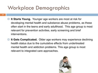 Workplace Demographics It Starts Young.  Younger age workers are most at risk for developing mental health and substance abuse problems, as these often start in the teens and early adulthood.  This age group is most relevant for prevention activities, early screening and brief interventions.  It Gets Complicated.  Older age workers may experience declining health status due to the cumulative effects from undertreated mental health and addiction problems. This age group is most relevant to integrated care approaches.  