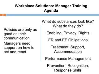 Policies are only as good as their communication Managers need support on how to act and react Workplace Solutions: Manager Training Agenda What do substances look like? What do they do? Enabling, Privacy, Rights ER and EE Obligations Treatment, Support, Accommodation Performance Management Prevention, Recognition, Response Skills 
