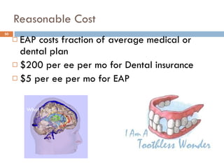 Reasonable Cost   EAP costs fraction of average medical or dental plan  $200 per ee per mo for Dental insurance $5 per ee per mo for EAP   What Price? 