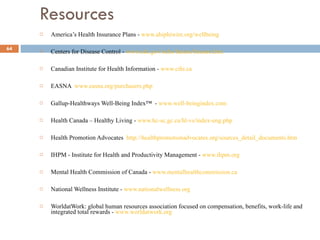 Resources America’s Health Insurance Plans -  www.ahiphiwire.org/wellbeing   Centers for Disease Control -  www.cdc.gov/nchs/fastats/hinsure.htm   Canadian Institute for Health Information -  www.cihi.ca   EASNA  www.easna.org/purchasers.php   Gallup-Healthways Well-Being Index™  -  www.well-beingindex.com   Health Canada – Healthy Living -  www.hc-sc.gc.ca/hl-vs/index-eng.php   Health Promotion Advocates  http://healthpromotionadvocates.org/sources_detail_documents.htm   IHPM - Institute for Health and Productivity Management -  www.ihpm.org   Mental Health Commission of Canada -  www.mentalhealthcommission.ca   National Wellness Institute -  www.nationalwellness.org   WorldatWork:  global human resources association focused on compensation, benefits, work-life and integrated total rewards  -  www.worldatwork.org   