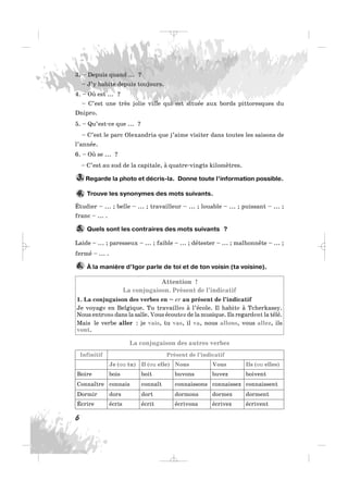 3. – Depuis quand ... ?
– J’y habite depuis toujours.
4. – Où est ... ?
– C’est une très jolie ville qui est située aux bords pittoresques du
Dnipro.
5. – Qu’est-ce que ... ?
– C’est le parc Olexandria que j’aime visiter dans toutes les saisons de
l’année.
6. – Où se ... ?
– C’est au sud de la capitale, à quatre-vingts kilomètres.
Regarde la photo et décris-la. Donne toute l’information possible.
Trouve les synonymes des mots suivants.
Étudier – ... ; belle – ... ; travailleur – ... ; louable – ... ; puissant – ... ;
franc – ... .
Quels sont les contraires des mots suivants ?
Laide – ... ; paresseux – ... ; faible – ... ; détester – ... ; malhonnête – ... ;
fermé – ... .
À la manière d’Igor parle de toi et de ton voisin (ta voisine).
Attention !
La conjugaison. Présent de l’indicatif
1. La conjugaison des verbes en – er au présent de l’indicatif
Je voyage en Belgique. Tu travailles à l’école. Il habite à Tcherkassy.
Nous entrons dans la salle. Vous écoutez de la musique. Ils regardent la télé.
Mais le verbe aller : je vais, tu vas, il va, nous allons, vous allez, ils
vont.
La conjugaison des autres verbes
6.
5.
4.
3.
6
Infinitif Présent de l’indicatif
Je (ou tu) Il (ou elle) Nous Vous Ils (ou elles)
Boire bois boit buvons buvez boivent
Connaître connais connaît connaissons connaissez connaissent
Dormir dors dort dormons dormez dorment
Écrire écris écrit écrivons écrivez écrivent
_ _ _
 